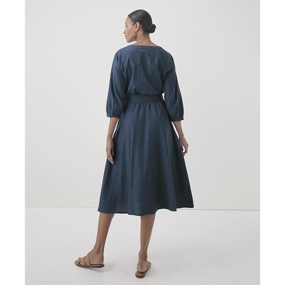 New Pact Dress Medium Blue Organic Cotton Sunset Lightweight Belted Midi Sample - Picture 4 of 15